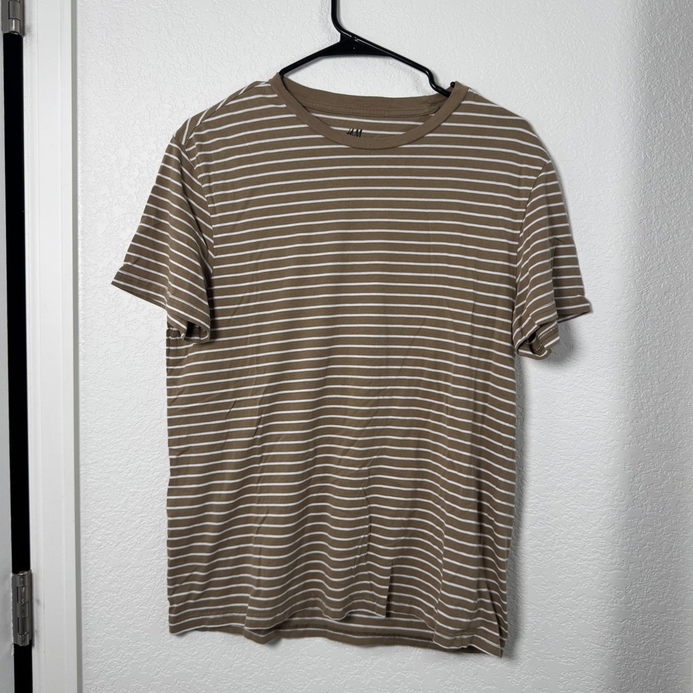 H&M T-Shirt Mens Medium Brown White Striped Regular Fit Crew Neck Short Sleeve